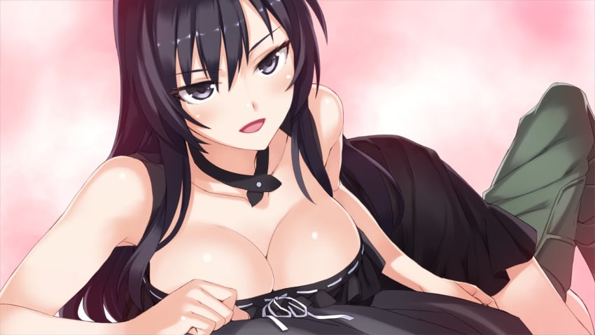 >:d 16:9_aspect_ratio 1boy :d black_dress black_eyes black_hair breast_press breasts choker clavicle cleavage dress female high_resolution kuroda_sayuki large_breasts long_hair looking_at_viewer male matsuryuu open-mouth_smile open_mouth ribbon-trimmed_dress shoujo-tachi_wa_kouya_wo_mezasu smile tagme v-shaped_eyebrows