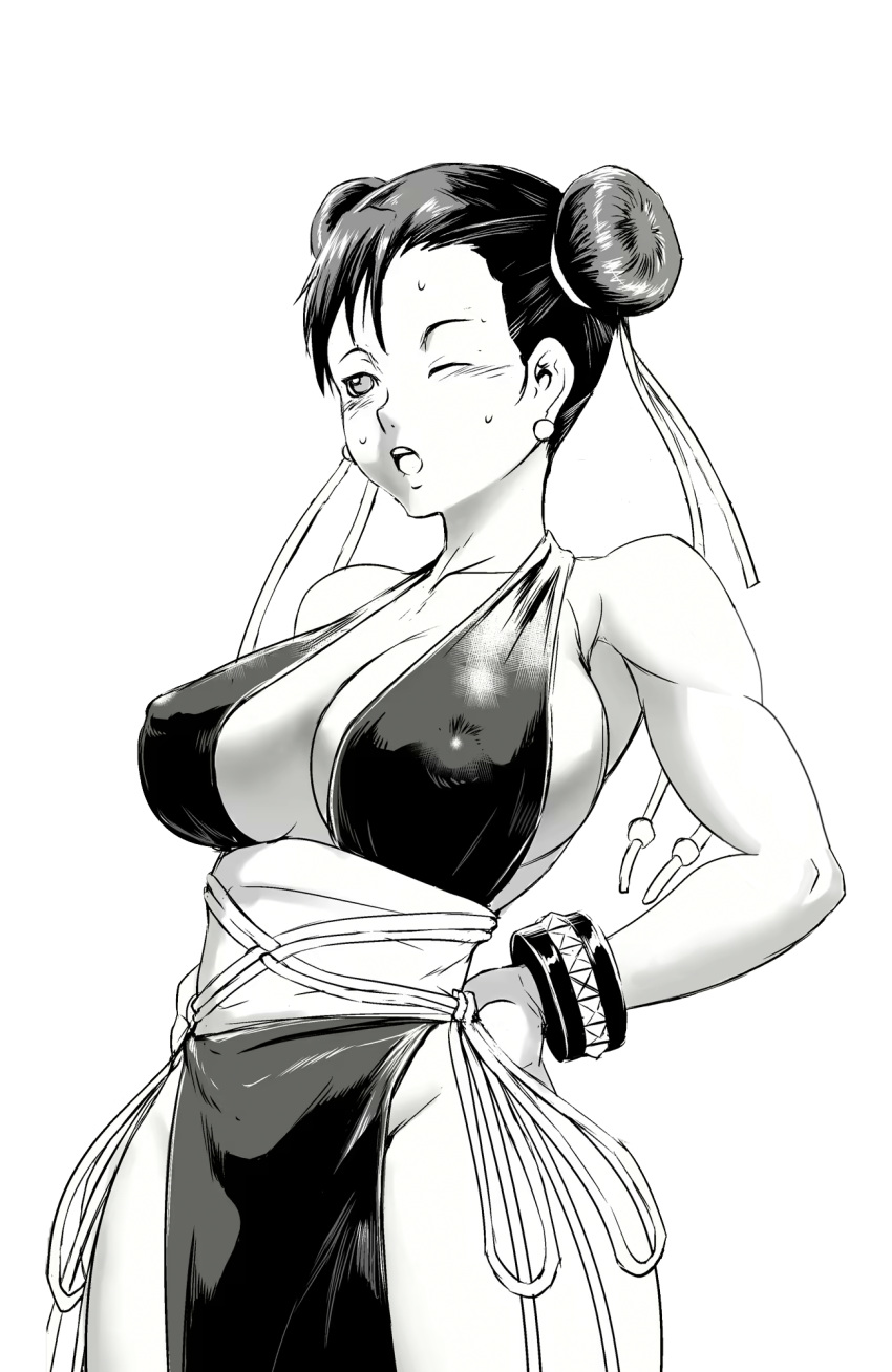 1girls big_breasts breasts busty capcom child_bearing_hips chinese_clothes chun-li chun-li_(battle_ouffit_sfiv) cleavage cleavage_cutout edit erect_nipples_under_clothes female female_only hair_buns hands_on_hips hips huge_breasts monochrome muscles no_panties noq open_mouth solo street_fighter sweat thick_thighs third-party_edit voluptuous wide_hips