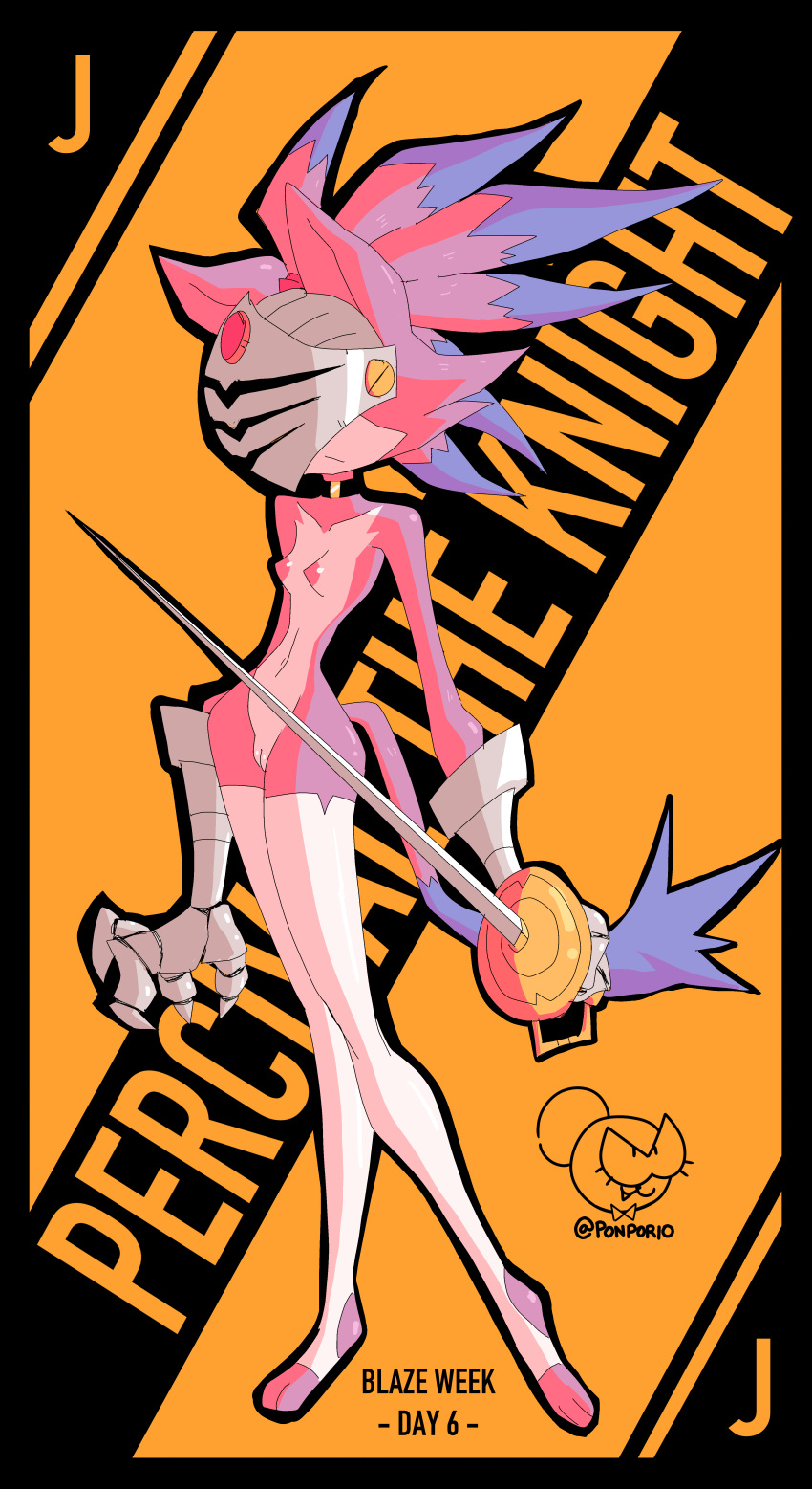 absurd_res anthro armor blaze_the_cat breasts card domestic_cat felid feline felis female genitals hair headgear helmet hi_res mammal melee_weapon pinup ponporio_(artist) ponytail pose pussy sega sir_percival_(sonic_and_the_black_knight) solo sonic_(series) sonic_and_the_black_knight sonic_storybook_series sword weapon