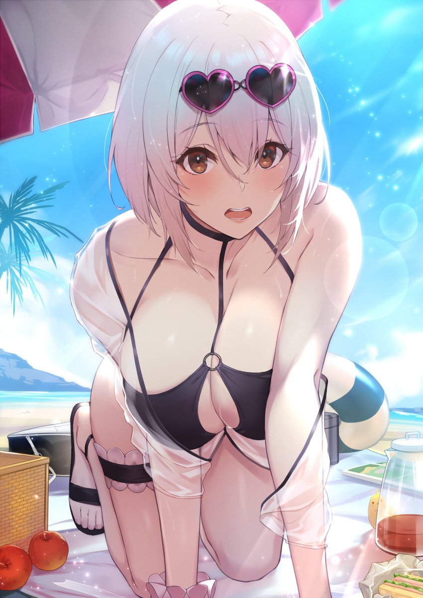 1animal 1girls all_fours anthropomorphization azur_lane bangs beach beach_towel beach_umbrella bikini black_bikini black_footwear black_swimsuit blue_sky blush breasts choker clavicle cleavage cloud day eyebrows_visible_through_hair eyewear_on_head female food hair_between_eyes heart heart-shaped_eyewear high_resolution kakage large_breasts light-skinned_female light_particles light_skin looking_at_viewer manjuu_(azur_lane) navel o-ring o-ring_top ocean open_mouth outdoors red_eyes royal_navy_(azur_lane) sandals scrunchie see-through shirt short_hair sirius_(azur_lane) sirius_(scorching-hot_seirios)_(azur_lane) sky smile solo summer sunglasses swimsuit thigh_strap toes umbrella white_hair white_hair_ornament white_scrunchie wrist_scrunchie