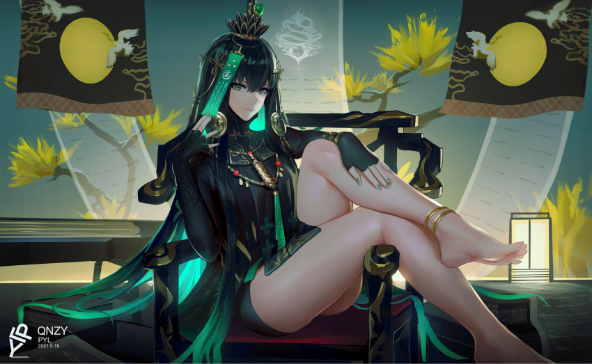 1girls anklet bare_legs barefoot black_hair clothed crown earrings feet female female_only foot_fetish gray_eyes green_hair jewelry legs long_hair looking_at_viewer nail_polish punishing:_gray_raven qu_(punishing:_gray_raven) sitting smile soles solo thighs toes two_tone_hair zhehewofu_huayou_shemeguanx