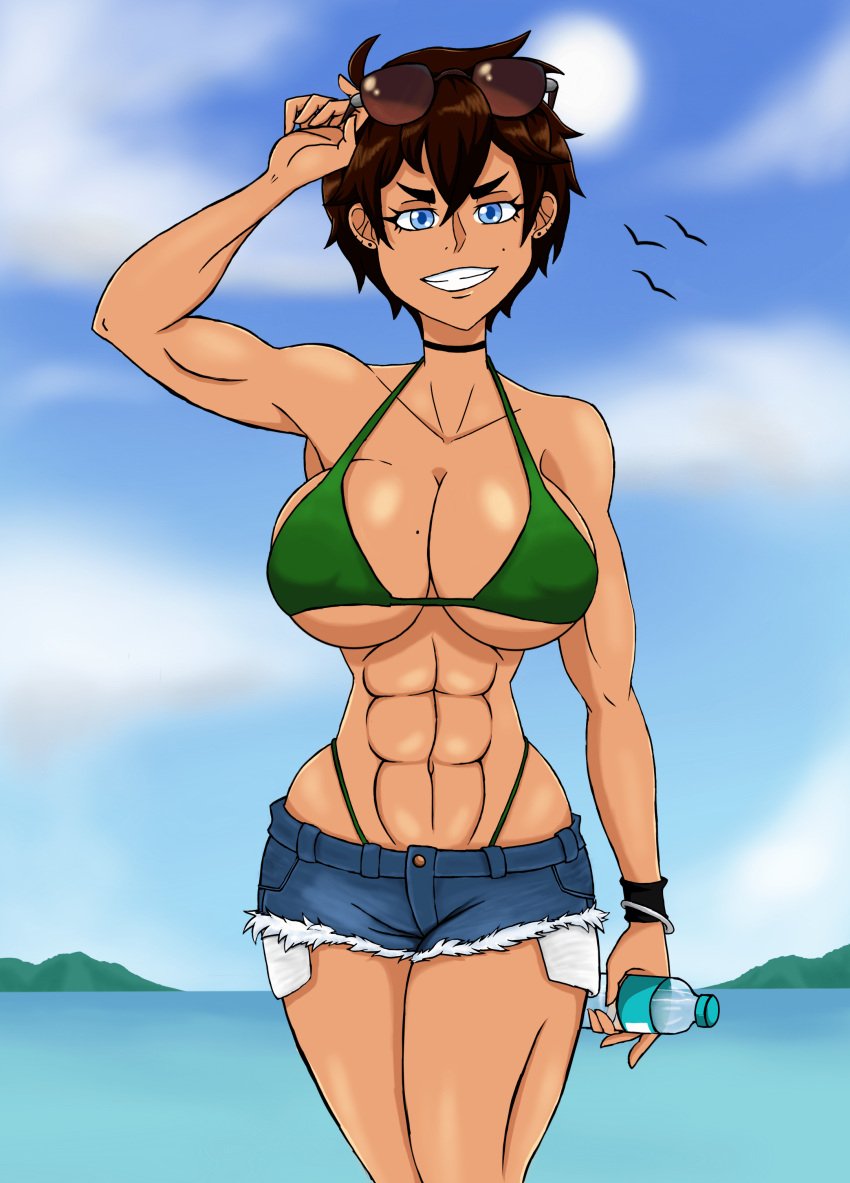 abs angel_(greenlove) armpits beauty_mark big_breasts bikini bikini_top blue_eyes choker dark-skinned_female greenlove hotpants looking_at_viewer mole_on_breast muscular_female original original_character short_hair short_jeans sky solo solo_female standing sunglasses sunglasses_on_head tagme tomboy water_bottle