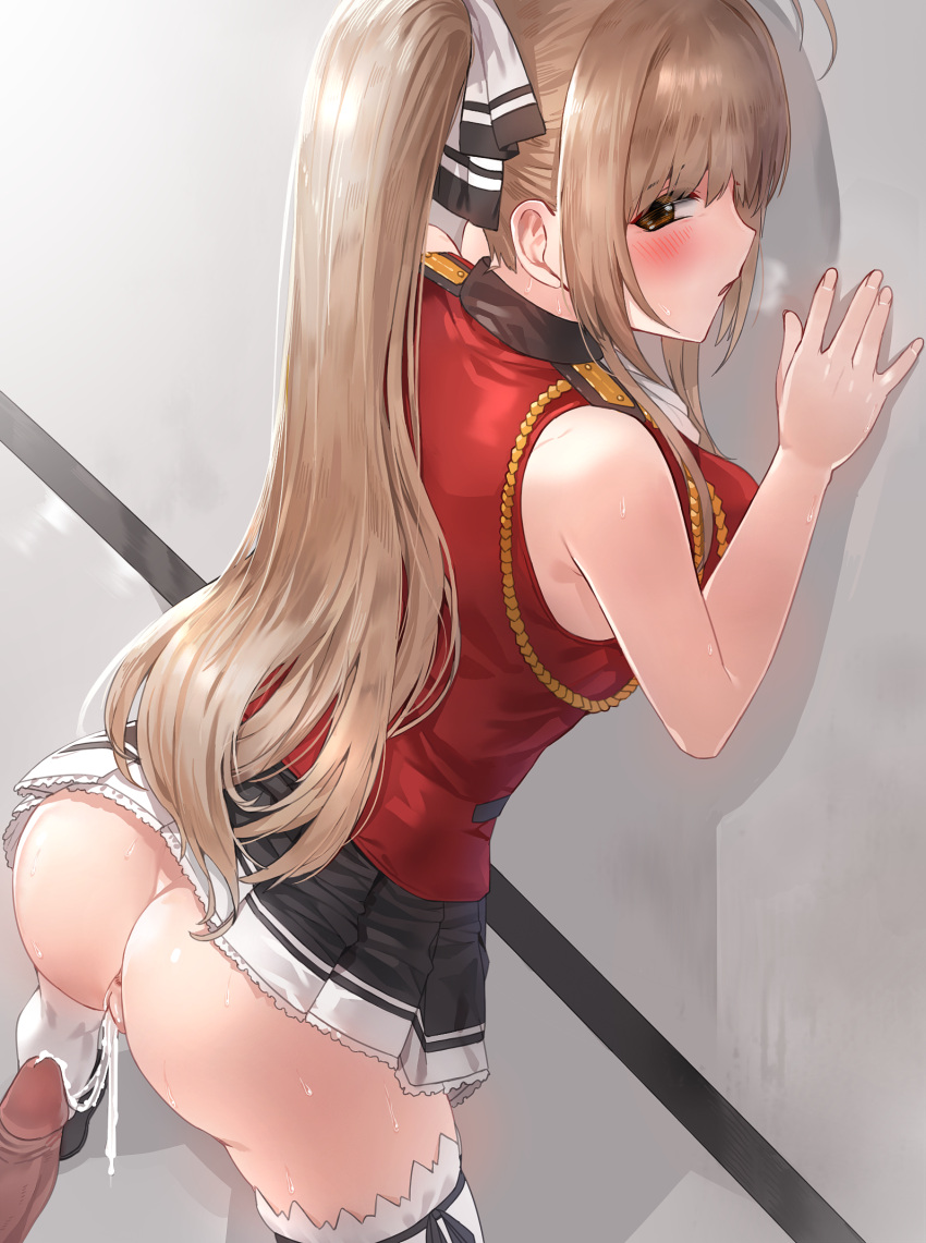 1girls after_sex amagi_brilliant_park arms_up artist_cg ass ass_focus blush cg_art cum exposed_pussy female female_only hands_on_wall high_resolution japanese_language kfr leaning_against_wall leaning_forward long_hair looking_at_viewer pussy sento_isuzu skirt skirt_lift tagme twintails uncensored uniform