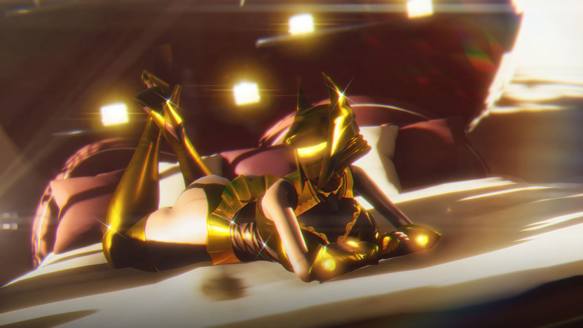 3d 3d_(artwork) bed bedroom bedroom_setting bedsheets boots bungie candles destiny_(game) destiny_(video_game) destiny_2 gloves glowing gold gold_(metal) gold_heels gold_helmet gold_jewelry guardian_(destiny) high_heel_boots pillow pillows shiny shiny_skin sonicfreak warlock warlock_(destiny)