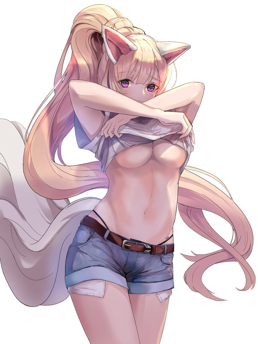 2020s 2021 ambiguous_race animal_ears arms_up belt black_panties black_underwear blade_&_soul blonde_hair blue_bottomwear blush breasts brown_belt cleavage crossed_arms denim denim_shorts ecstasy exposed_belly exposed_breasts exposed_pockets eyebrows_visible_through_hair female high_resolution highleg highleg_panties kooemong lifted_by_self long_hair looking_at_viewer lyn_(blade_&_soul) manga medium_breasts navel pantsu ponytail purple_eyes shirt shirt_lift short_shorts shorts simple_background solo solo_female t-shirt tagme tail tied_hair tomboy topwear_lift underboob underwear very_high_resolution very_long_hair white_background white_shirt white_topwear wolf_ears wolf_tail