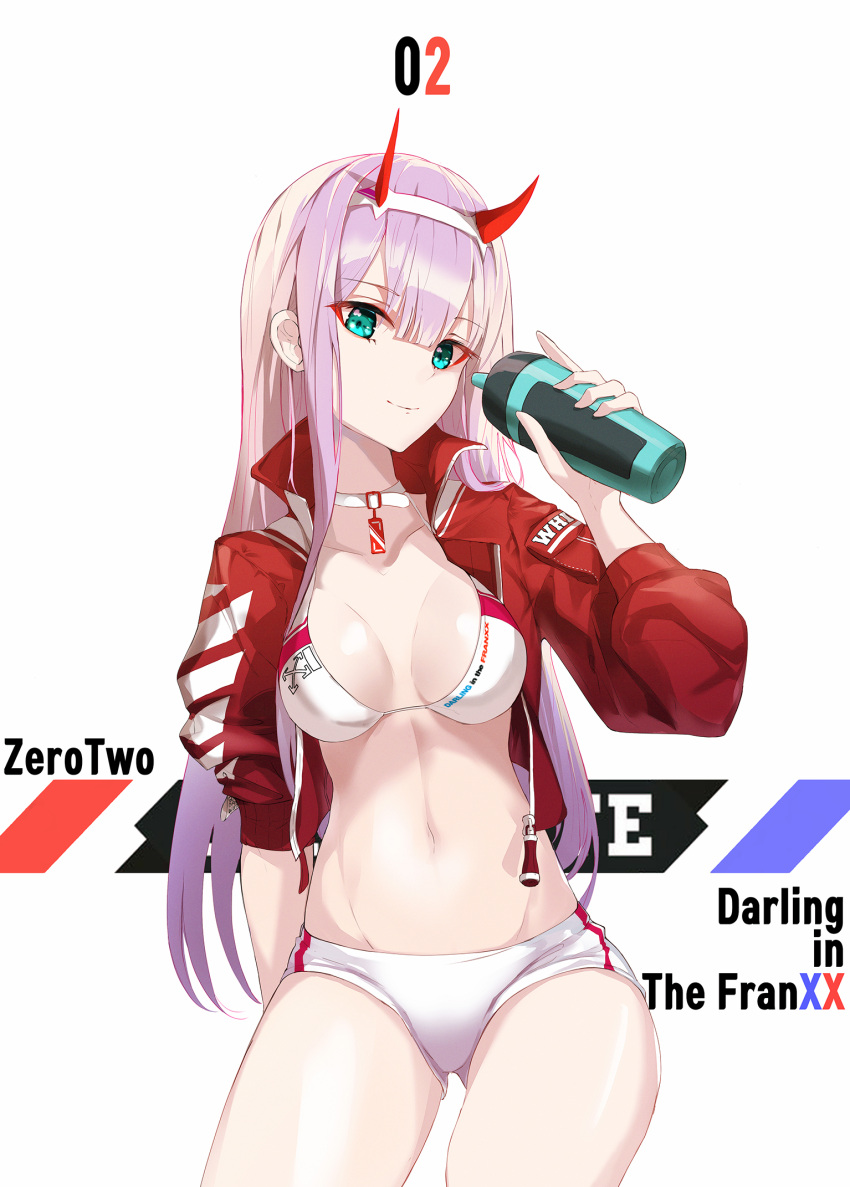 arm_behind_back bangs bikini_top blue_eyes bottle breasts character_name clavicle cleavage closed_mouth collar collar_(animal) copyright_name cowboy_shot darling_in_the_franxx eyebrows_visible_through_hair female female green_eyes groin hairband high_resolution holding holding_bottle horns jacket kooemong long_hair long_sleeves looking_at_viewer medium_breasts micro_shorts midriff navel open_clothes open_jacket pink_hair polka_dot_bikini race_queen red_jacket shiny shiny_hair shiny_skin shorts simple_background smile solo sports_uniform standing straight_hair tagme uniform very_long_hair water_bottle white_background white_bikini white_bikini_top white_hair_ornament white_hairband white_shorts zero_two_(darling_in_the_franxx)