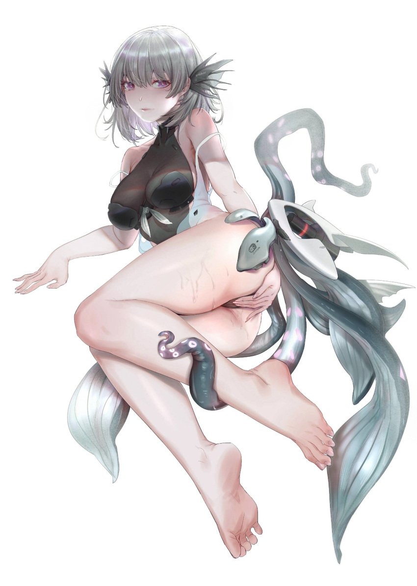 agaver covering_crotch feet liv_(punishing:_gray_raven) medium_breasts pink_eyes punishing:_gray_raven short_hair soles tentacle toes white_hair