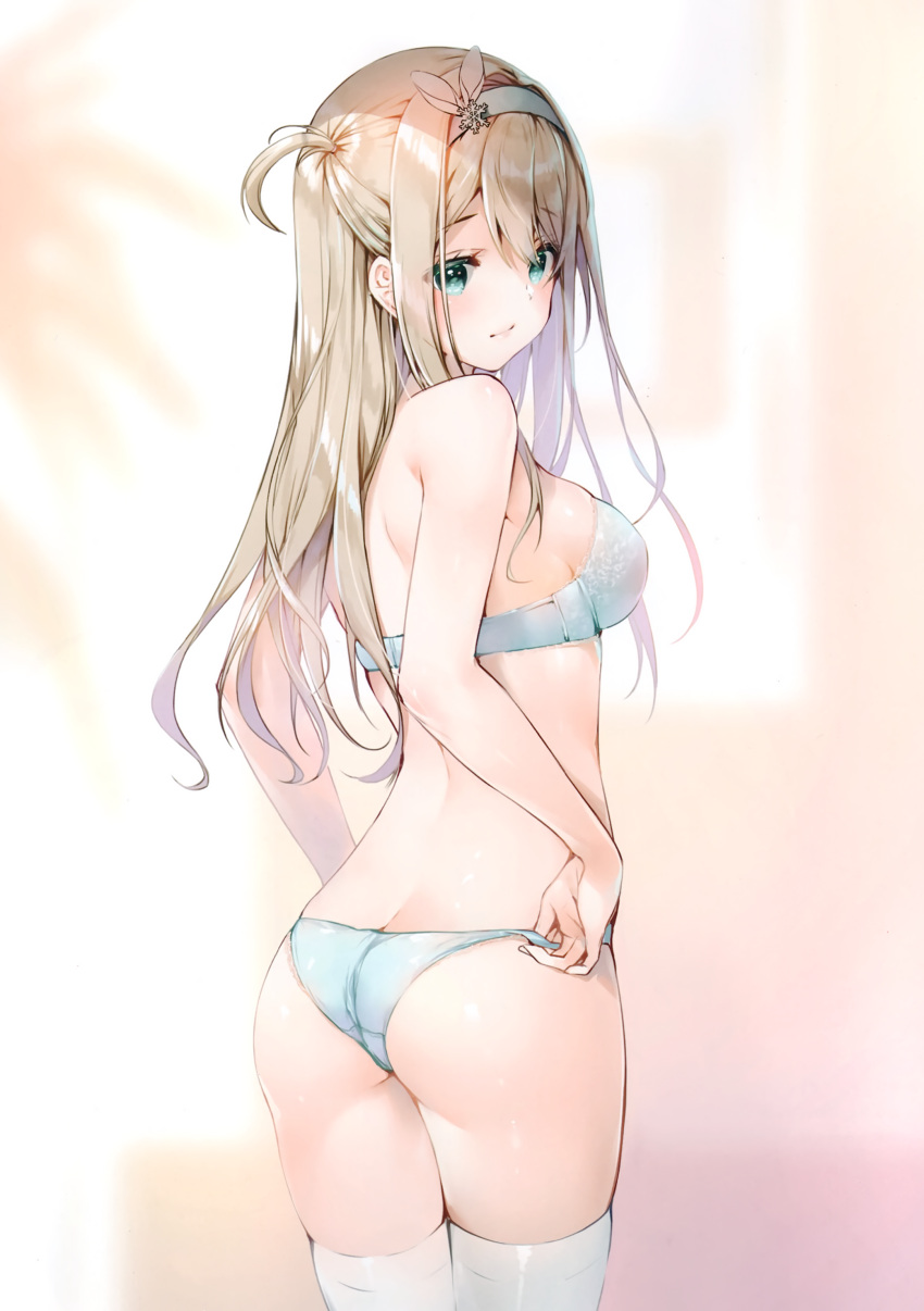 anthropomorphization ass ass_cleavage bangs bare_arms bare_shoulders blue_bra blue_eyes blue_panties blue_underwear blurry blurry_background bra breasts brown_hair butt_crack comic_market comic_market_95 cowboy_shot depth_of_field eyebrows_visible_through_hair female from_behind girls'_frontline gradient gradient_background hair_ornament hairband high_resolution long_hair looking_back medium_breasts miwabe_sakura one_side_up panties pion posterior_cleavage sakurairo6 scan shiny shiny_clothes shiny_hair shiny_skin sideboob sidelocks simple_background snowflake_hair_ornament solo standing suomi_(girls'_frontline) tagme thighhighs thighs underwear underwear_only very_high_resolution white_legwear