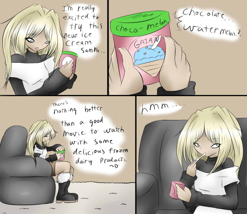 1girls ass_expansion blonde_hair breast_expansion breasts comic dialogue dullvivid english_text female female_only fluffernubber ice_cream original original_character solo solo_female tagme