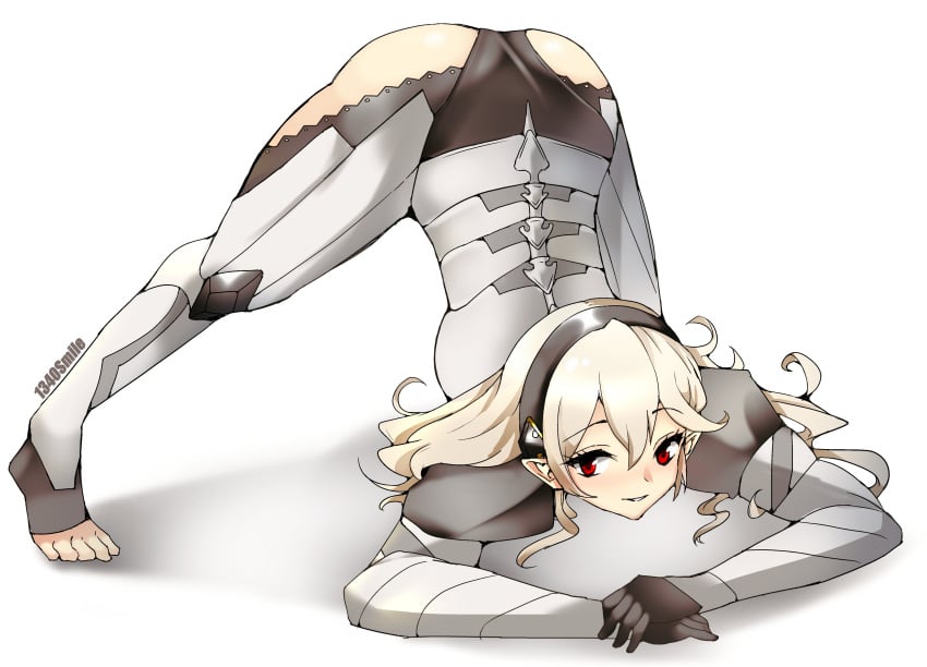 1340smile 1girls absurdres armor artist_name ass_up bare_thighs black_gloves black_hairband black_panties blonde_hair commentary corrin_(fire_emblem) corrin_(fire_emblem)_(female) face_down_ass_up female female_protagonist fire_emblem fire_emblem_fates gloves grin hair_between_eyes hairband highres inner_thighs jack-o_pose long_hair looking_at_viewer manakete meme nintendo panties platinum_blonde_hair pointy_ears red_eyes simple_background smile solo spread_legs stretching toeless_legwear top-down_bottom-up twitter_username white_background