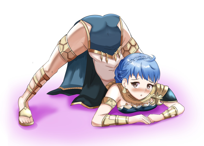 1girls absurdres alternate_costume armlet ass ass_up bangs bare_shoulders bending_down blue_hair blush bracelet braid breast_press breasts brown_eyes cleavage crown_braid dancer dancer_(three_houses) earrings face_down_ass_up fire_emblem fire_emblem:_three_houses fire_emblem_heroes highres jack-o_pose jewelry large_breasts long_hair looking_at_viewer marianne_(serene_adherent)_(fire_emblem) marianne_von_edmund meme midriff navel necklace nintendo official_alternate_costume open_mouth pose short_hair simple_background solo spread_legs stretching zipperqr