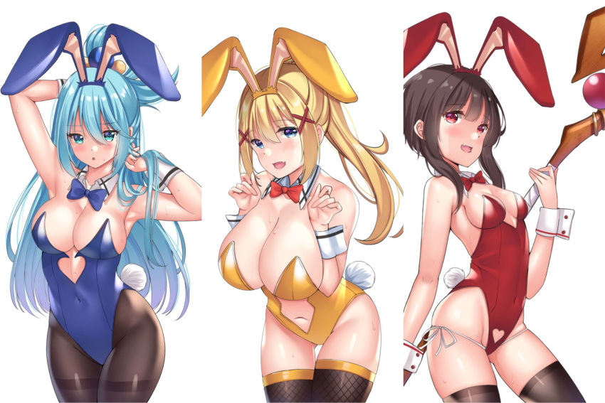 3girls aqua_(konosuba) big_breasts black_legwear black_thighhighs blonde_hair blue_bowtie blue_eyes blue_hair blush bowtie breasts brown_hair bunny_ears bunny_girl bunny_tail bunnysuit cleavage darkness_(konosuba) female female_only fishnet_stockings fishnets goddess hair_between_eyes kono_subarashii_sekai_ni_shukufuku_wo! long_hair looking_at_viewer medium_breasts megumin multiple_girls navel open_smile pantyhose ponytail red_bowtie red_eyes short_hair sideboob small_breasts staff stockings sweat thighhighs white_background wizard