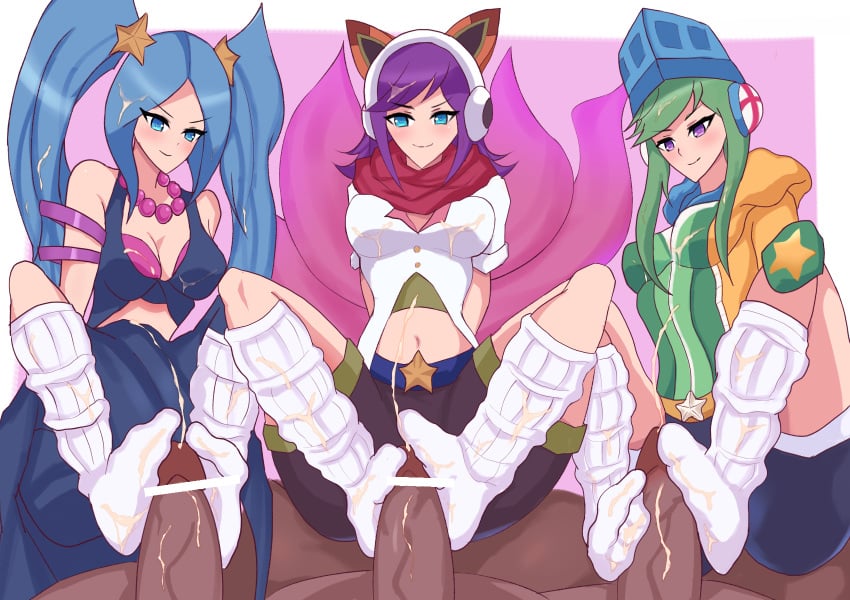 3boys 3girls ahri arcade_ahri arcade_riven arcade_series arcade_sona big_breasts blue_eyes blue_hair breasts cum dark-skinned_male dark_skin ejaculation feet female foot_fetish footjob fox_ears fox_girl green_hair group group_sex huge_breasts interracial kitsune large_breasts league_of_legends light-skinned_female male multiple_boys multiple_girls orgy purple_eyes purple_hair riven socks sona_buvelle twintails yuriya