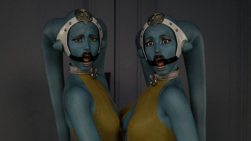 2girls 3d alexbridger alien alien_girl ann_gella background bald blue_eyes blue_skin bodysuit cleavage cleavage_cutout collar female female_only femsub gag gagged gella_twins harem_girl harem_outfit headdress headgear humanoid looking_at_viewer medium_breasts mouth_hold multiple_girls multiple_subs neckweara open_mouth ring_gag sad scared shocked side_view sister_slaves sisters slave slave_collar slave_outfit slavegirl standing star_wars submissive_female tann_gella tentacle tentacle_hair the_phantom_menace twi'lek twin_sisters twins