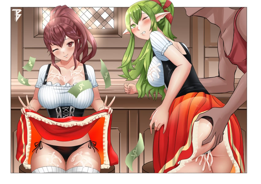 2girls ;d after_sex after_vaginal anna_(fire_emblem) anna_(fire_emblem_awakening) ass ass_grab back_view bare_thighs black_panties breasts cleavage clothes_lift collarbone cum cum_in_pussy cum_inside cum_on_body cum_on_breasts cum_on_leg cum_on_lower_body double_v female_focus fire_emblem fire_emblem_awakening green_eyes green_hair groping groping_from_behind huge_ass large_breasts lifted_by_self long_hair looking_at_viewer looking_back medium_hair money multiple_girls nintendo one_eye_closed panties pointy_ears ponytail presenting presenting_panties prostitution red_eyes red_hair sitting skirt_lift smile thick_thighs thighhighs tiki_(adult)_(fire_emblem) tiki_(fire_emblem) toy_bits upskirt v waitress wink