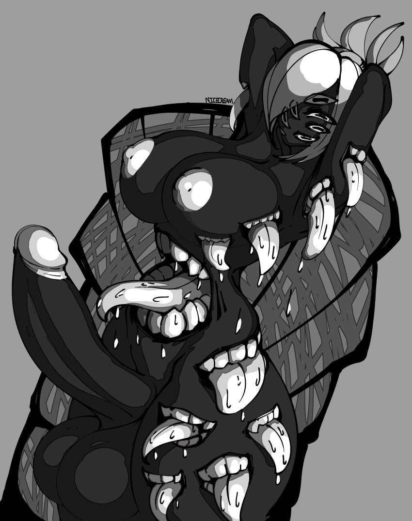 1futa areolae arms_behind_head arms_up balls big_breasts black_skin breasts futanari humanoid humanoid_penis large_balls large_penis monochrome monster monster_girl multi_eye multi_mouth nicecream nightmare_fuel nightmare_waifu nipples nude penis solo solo_futa standing thick_thighs tongue tongue_out white_hair wide_hips