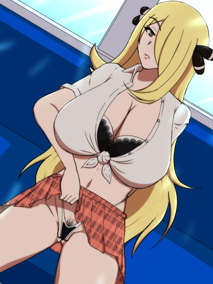 1girls big_breasts blonde_hair breasts burningkaraage cynthia_(pokemon) female hair_ornament large_breasts light-skinned_female light_skin long_hair microskirt nintendo pokemon pokemon_dppt pubic_hair school_uniform skirt skirt_lift solo thighs thong