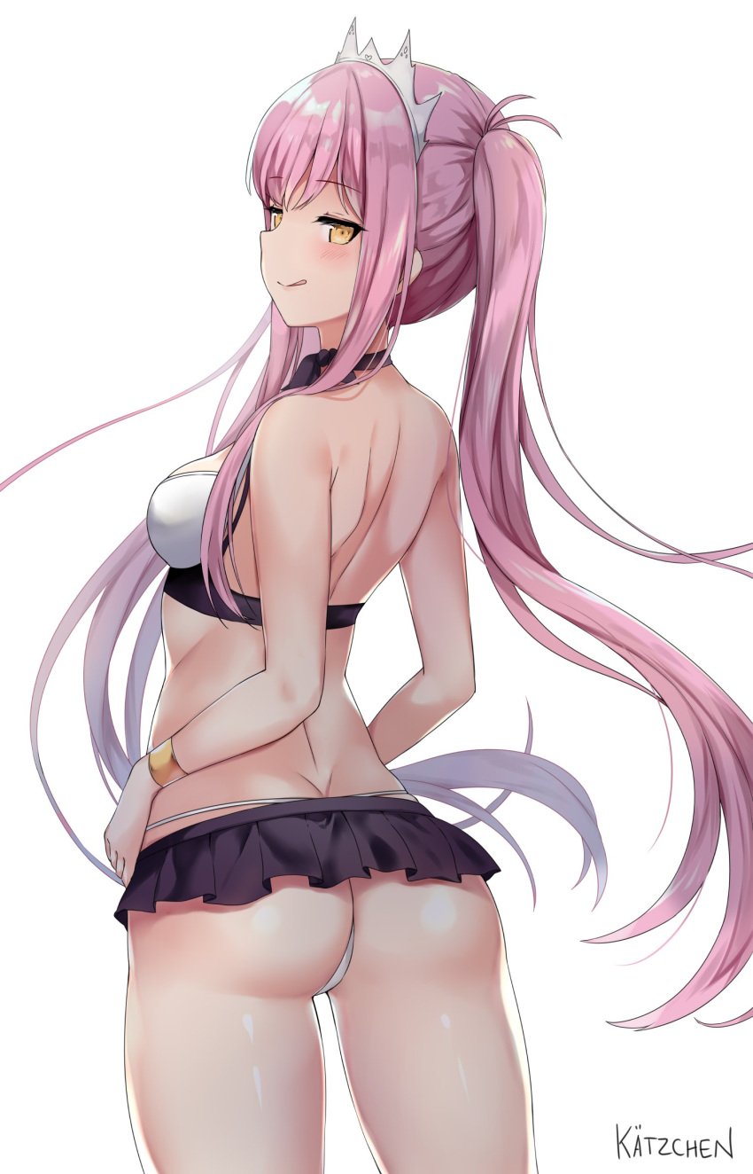 1girls :q alternative_costume ass ass_cleavage back bangs bare_shoulders bikini bikini_skirt blunt_bangs blush breasts butt_crack clothing cowboy_shot crown eyebrows_visible_through_hair fate/grand_order fate_(series) female female_ass from_behind hair half-closed_eyes hands_on_hips headwear high_resolution kaetzchen long_hair looking_at_viewer looking_back medb_(fate) medb_(swimsuit_saber) medium_breasts open_mouth pink_hair posterior_cleavage shiny shiny_skin shoulder_blades sidelocks signature simple_background smile solo swimsuit tiara tongue tongue_out tsurime very_long_hair white_background yellow_eyes