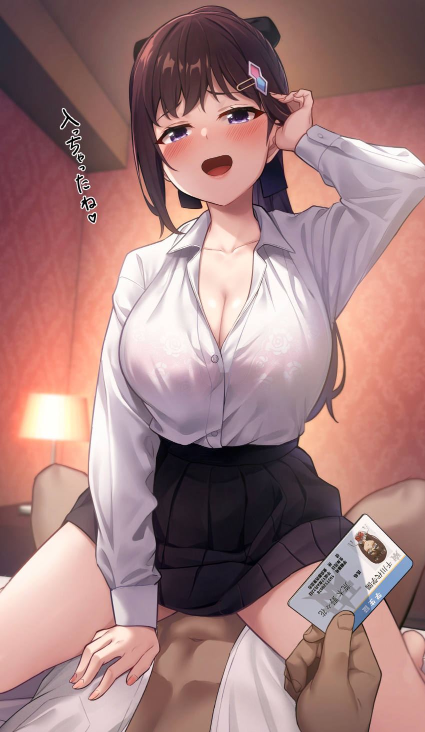 1boy 1girls absurdres bangs big_breasts black_bow black_skirt blush bow breasts brown_hair cleavage collarbone collared_shirt commentary_request cowgirl_position female female_on_top hair_ornament hairbow highres human id_card karaage_bou large_breasts light-skinned_female male miniskirt on_bed open_mouth original partially_unbuttoned pleated_skirt ponytail pov pov_eye_contact purple_eyes sex shirt sidelocks skirt slim_waist straddling straight thick_thighs tongue translation_request vaginal_penetration white_shirt wide_hips