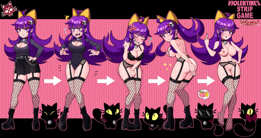 1girls anger_vein ass boots breasts choker feline female female_only fishnets flipping_off garter_belt looking_at_viewer middle_finger nipples original original_character purple_eyes purple_hair ribbon sarukaiwolf skirt solo thighhighs thighs violentine_(sarukaiwolf)