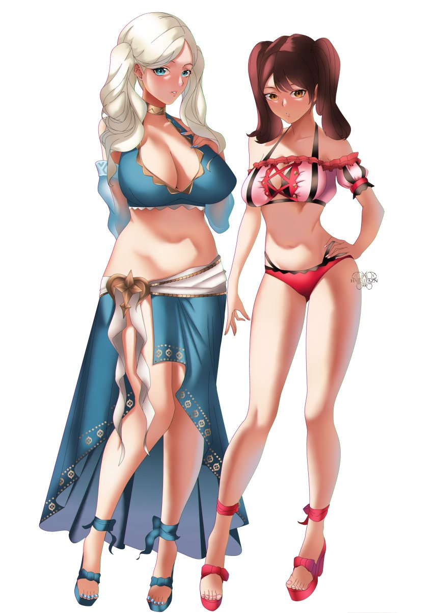 2girls alternate_costume ann_takamaki big_breasts bikini blonde_hair blue_eyes breasts brown_eyes brown_hair cosplay feet female female_only fire_emblem harist harstfazn high_heels hilda_valentine_goneril_(cosplay) huge_breasts kujikawa_rise large_breasts marianne_von_edmund_(cosplay) megami_tensei mharistfauzan1 midriff multiple_girls nail_polish persona persona_4 persona_5 source_request swimsuit thighs twintails