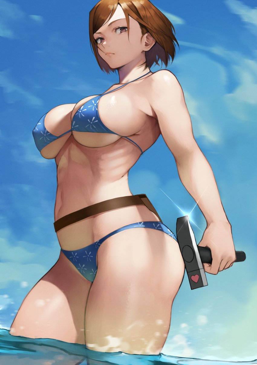 1girls beach bikini breasts brown_eyes brown_hair clothed clothing cowboy_shot female female_only female_solo hammer high_resolution in_water jujutsu_kaisen kugisaki_nobara large_breasts looking_at_viewer ocean ribs short_hair sideboob solo swimsuit underboob very_high_resolution yoshi55level yoshio_(55level)