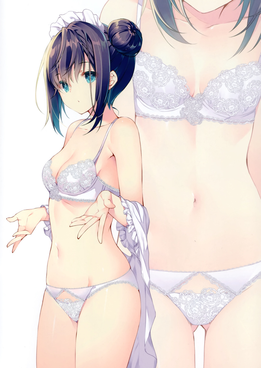 :o bangs bare_shoulders black_hair blue_eyes bra breasts clavicle cleavage eyebrows_visible_through_hair female gluteal_fold hair hair_bun hair_ornament high_resolution looking_at_viewer maid maid_headdress medium_breasts miwabe_sakura navel off_shoulder open_clothes open_shirt original pantsu pion scan shiny shiny_hair shiny_skin side_bun sidelocks simple_background small_breasts solo stomach tagme thighs tied_hair underwear underwear_only very_high_resolution white_background white_bra white_panties white_underwear zoom_layer