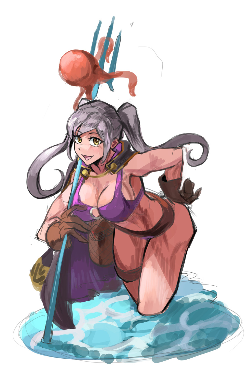 1girls alternate_costume bent_forward bikini breasts cleavage fire_emblem fire_emblem_awakening fire_emblem_heroes gloves hand_on_hip highres large_breasts leaning_forward looking_at_viewer nintendo o-ring o-ring_bikini octopus offscreen_character purple_bikini purple_swimsuit robin_(female)_(summer)_(fire_emblem) robin_(fire_emblem) robin_(fire_emblem)_(female) saiykik solo swimsuit thighs trident twintails water