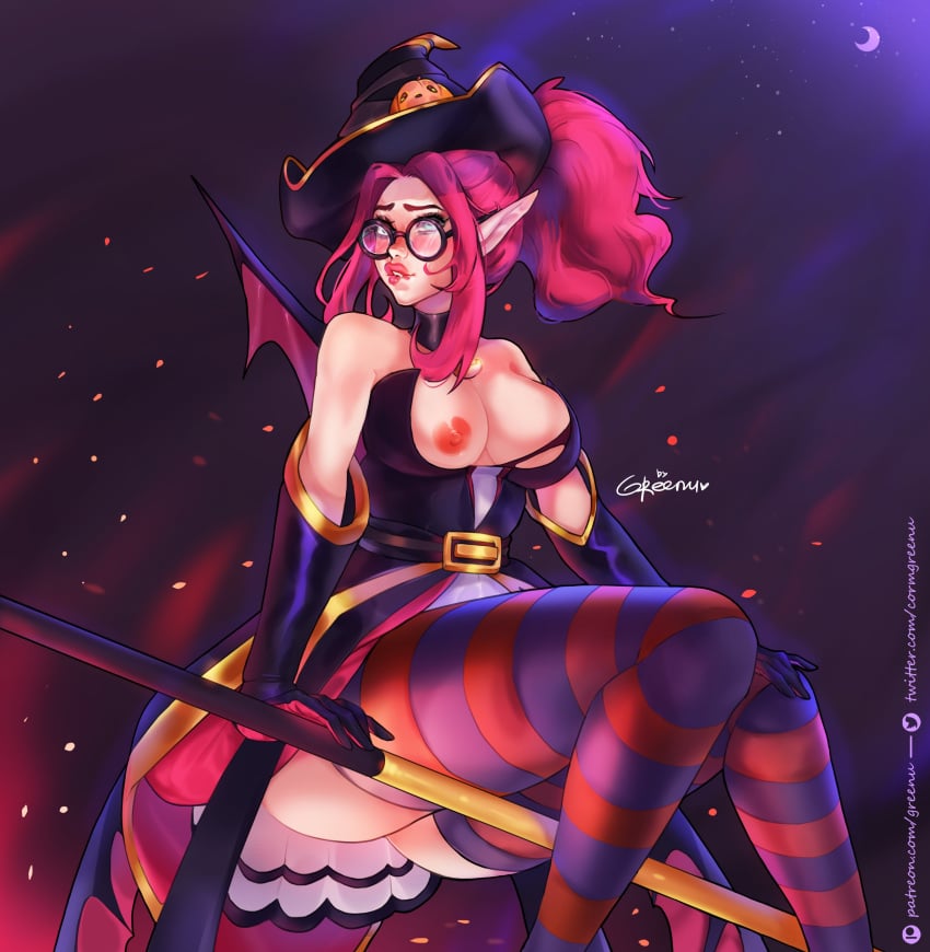 belt bewitching_janna biting_own_lip clothing elf_ears glasses gloves greenu janna_windforce league_of_legends nipples pink_hair pointy_ears ponytail solo tagme thighhighs wings witch_hat