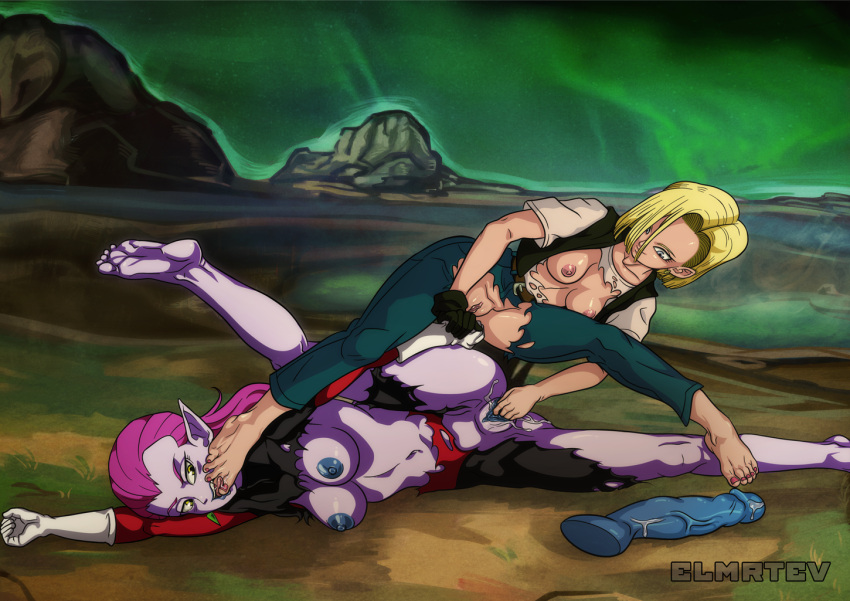 2girls alternate_costume android_18 areolae barefoot big_dildo blonde_hair blue_eyes blue_nipples blue_pussy bodysuit closed_eyes clothed clothed_sex clothing cocotte colored_nails colored_skin dildo dragon_ball dragon_ball_super dragon_ball_z duo duo_focus earrings elmrtev exposed_breasts exposed_pussy feet female female/female female_only female_with_female fingering fingering_partner fingering_pussy foot_in_mouth gloves holding_hands human human_on_humanoid humanoid interspecies interspecies_yuri lesbian_sex licking long_hair masturbating masturbation multiple_girls nail_polish navel nipples no_shoes no_underwear on_floor pants pink_hair pink_skin pointy_ears purple-skinned_female purple_skin pussy_juice pussy_juice_drip pussy_juice_on_dildo ripped_clothing ripped_pants ripped_shirt sex_toy shirt shounen_jump small_breasts smile toenail_polish toes torn_clothes vaginal_insertion vest wet_dildo yuri