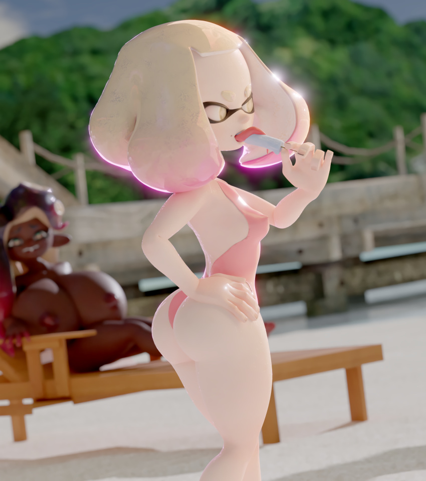 3d 3d_(artwork) beach bikini blender blender_(software) large_ass large_breasts marina_(splatoon) marina_(wo262) pearl_(splatoon) popsicle small_breasts splatoon swimsuit tradelt