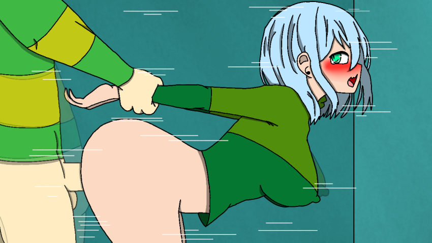 amber_lightvale ambiguous_penetration anal blue_hair blush blushing brown_hair chara glitchtale green_sweater holding_wrists looking_at_partner looking_back motion_lines pantless undertale