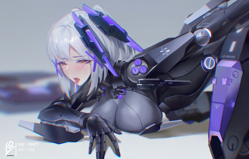 1girls all_fours armor blush breasts_pressed_together female female_only highres punishing:_gray_raven robot_girl rosetta_(punishing:_gray_raven) saliva short_hair solo tongue_out white_hair yellow_eyes zhehewofu_huayou_shemeguanx