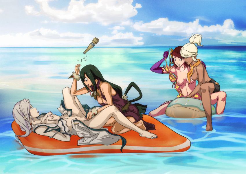 4girls alternate_costume barefoot bikini breasts breasts_out brown_hair character_request copyright_request crossover dark-skinned_female dark_skin elmrtev feet female/female female_with_female finger_fuck fingering fingering_partner fingering_pussy floater floating foursome genital_fluids green_hair holding_bikini_top holding_clothing holding_object light-skinned_female light_skin long_hair lying lying_on_back mattress moaning multiple_girls my_hero_academia nail_polish ocean open_clothes open_mouth outdoors pale-skinned_female pale_skin partially_clothed partially_submerged robyn_hill rwby scarf sex_toy silver_hair swimsuit throwing_knife toenail_polish topless tsuyu_asui undressing vibrator water white_hair winter_schnee yuri