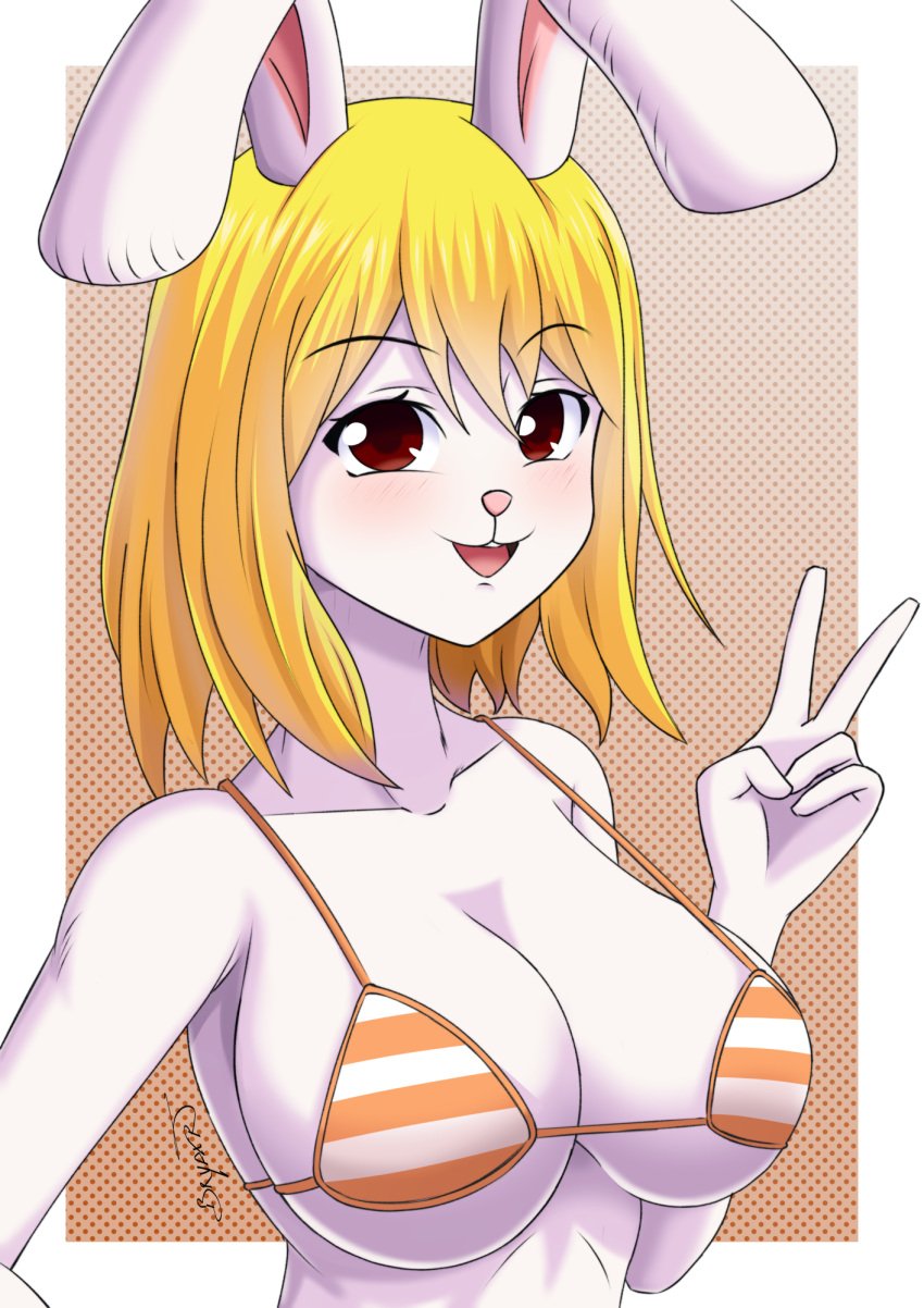 1girls :3 alternate_version_available anthro big_breasts bikini bikini_top blonde_hair blush bob_cut breasts brown_eyes bryaxrt bunny bunny_ears bunny_girl carrot_(one_piece) female female_focus female_only furry large_breasts medium_hair micro_bikini one_piece open_mouth orange_bikini peace_sign perky_breasts pinup pose posing rabbit shoulder_length_hair shounen_jump sideboob smile smiling solo solo_female solo_focus standing striped_bikini swimsuit underboob v white_fur yellow_hair