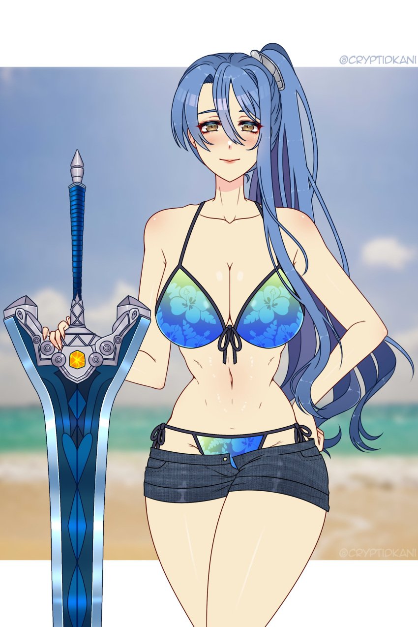 1girls 2020s 2021 bare_shoulders beach big_sword bikini blue_bikini blue_hair blue_swimsuit blush breasts brown_eyes cleavage clouds collarbone cryptid_crab curvy_female denim_shorts eiyuu_densetsu gradient_bra gradient_hair hair_between_eyes hand_on_hip large_breasts laura_s._arseid long_hair looking_at_viewer navy_blue_bottomwear ocean outdoors ponytail sand shiny_breasts shiny_hair shiny_skin shorts smile solo solo_female swimsuit sword tomboy two_tone_bikini very_long_hair water weapon