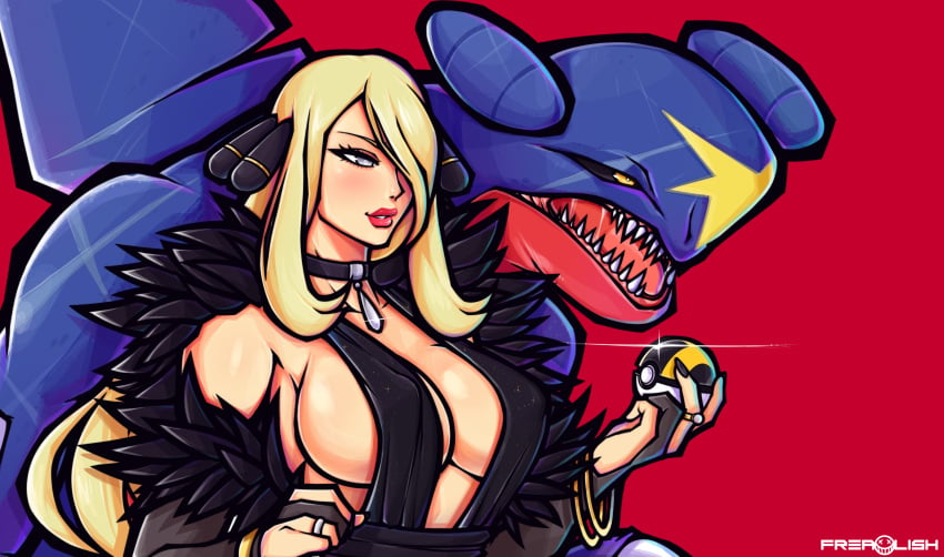 1girls big_breasts big_lips blonde_hair cynthia_(pokemon) dress frealish garchomp grey_eyes one_eye_obstructed pokemon pokemon_(species) pokemon_dppt