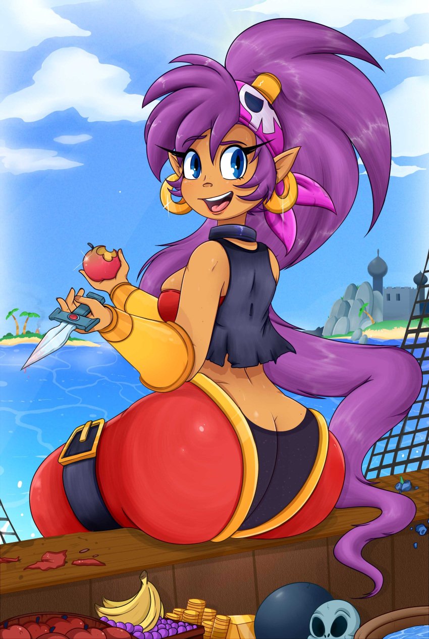 1girls ass ass_cleavage ass_focus big_ass big_butt bubble_butt butt_crack curvy eye_contact fat_ass female female_only froggywithfries from_behind large_ass looking_at_viewer looking_back purple_hair shantae shantae_(character) smooth_skin solo solo_female tagme thick_ass video_games voluptuous