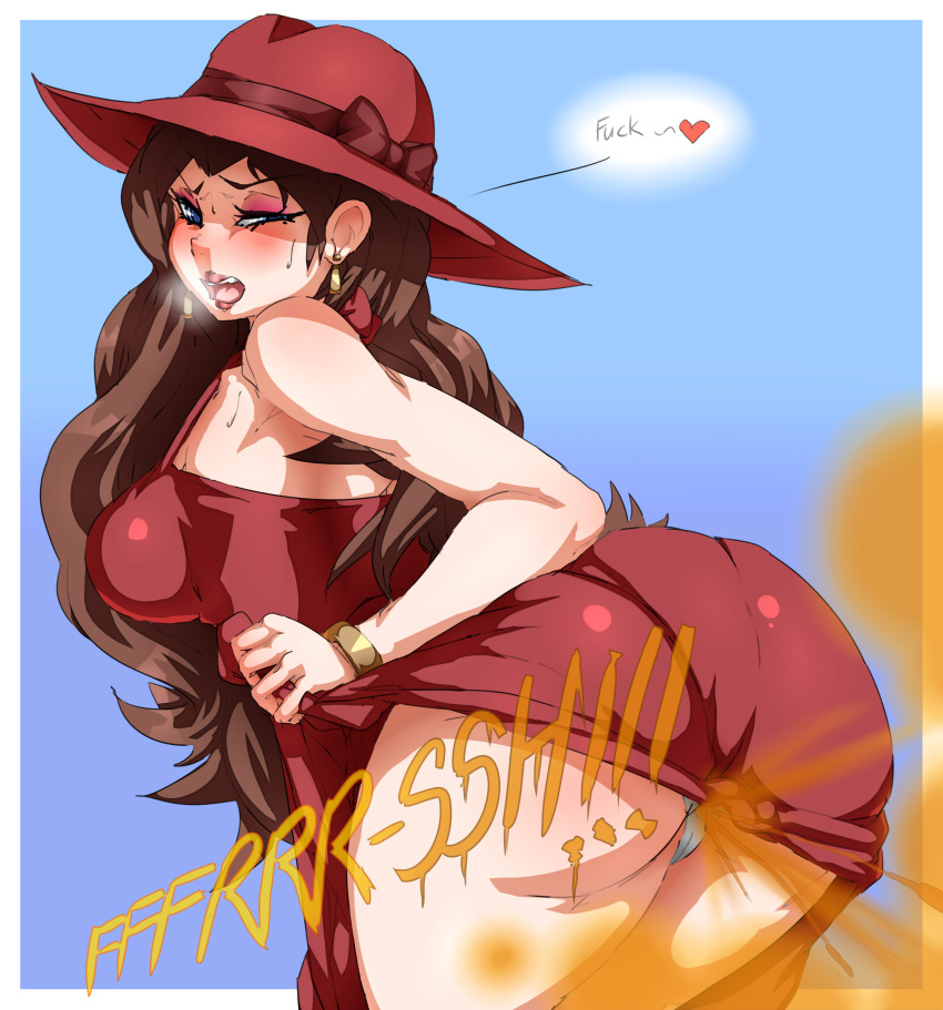 1girls big_ass big_butt blue_eyes blush brown_hair dress dress_lift enormous_ass fart fart_cloud fart_fetish farting heart lazei lifting_dress lipstick looking_back loud_fart mario_(series) nintendo panties pauline red_dress shart solo_female super_mario_odyssey text text_bubble thick_thighs wavy_hair white_panties yoshizilla