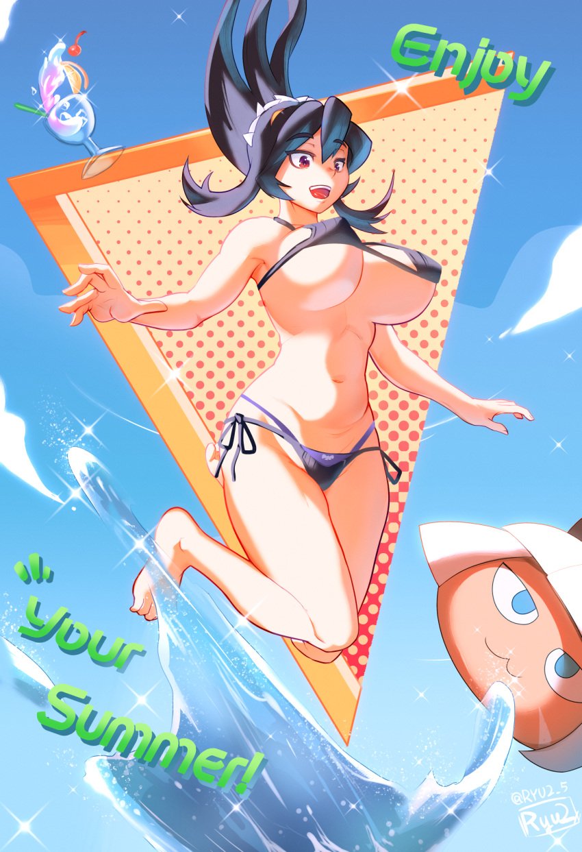 bikini bikini_bottom bikini_top filia_(skullgirls) jumping large_breasts nadia_fortune ryu2 samson_(skullgirls) skullgirls string_bikini