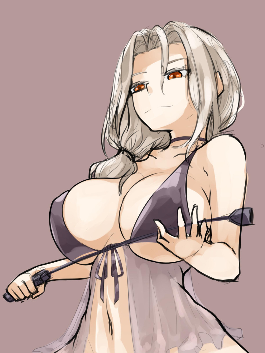 breasts carmilla_(fate) carmilla_(swimsuit_rider) fate_(series) huge_breasts orange_eyes riding_crop steamingtofu swimsuit white_eyebrows white_hair