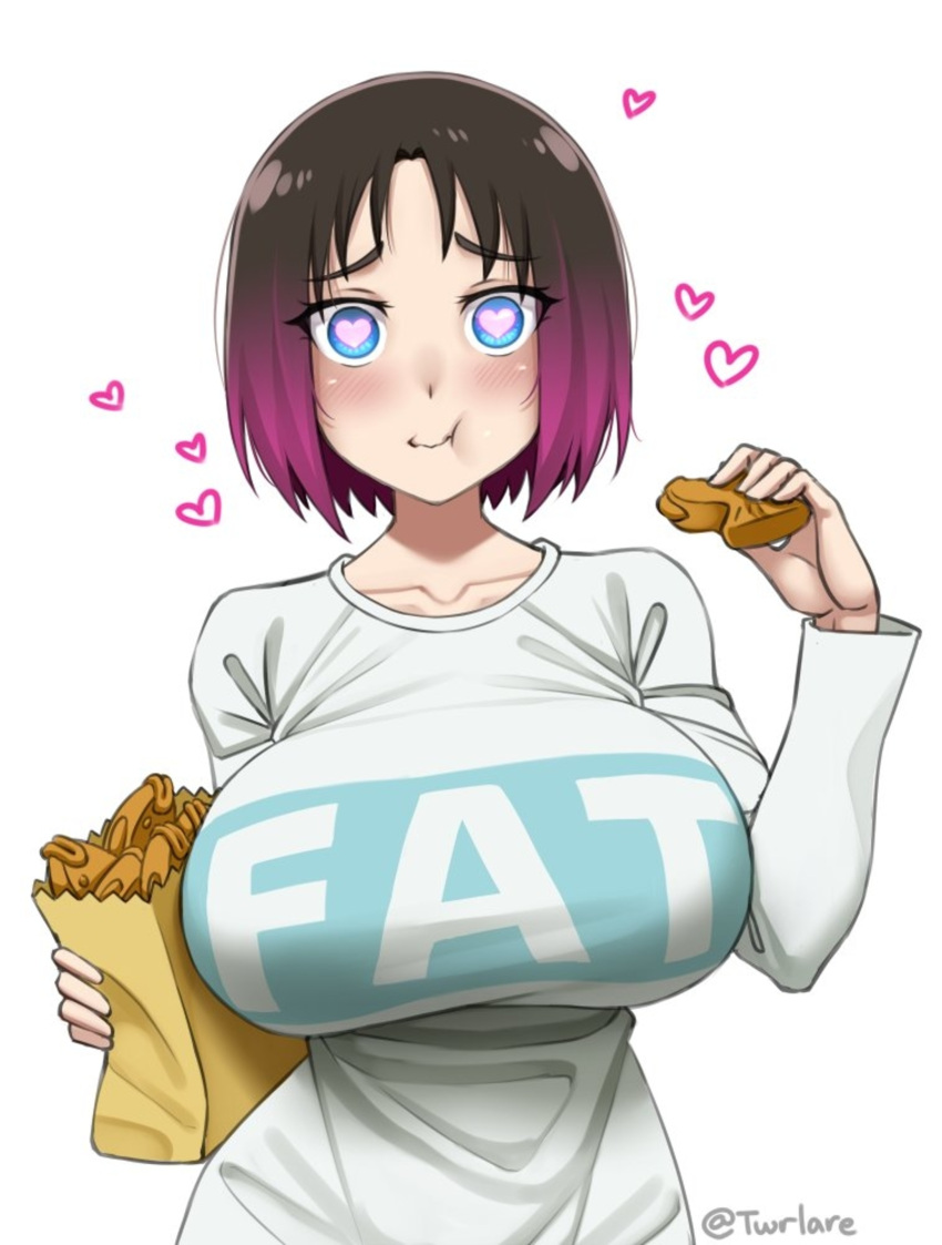 :t bag big_breasts black_hair blue_eyes breasts clothes_writing collarbone commentary eating elma_(dragon_maid) english_text eyes_visible_through_hair female food gradient_hair heart heart-shaped_pupils huge_breasts kobayashi-san_chi_no_maidragon large_breasts long_sleeves looking_at_viewer miss_kobayashi's_dragon_maid multicolored_hair paper_bag pink_hair shirt short_hair simple_background solo symbol-shaped_pupils taiyaki twitter_username twrlare upper_body wagashi white_background white_shirt