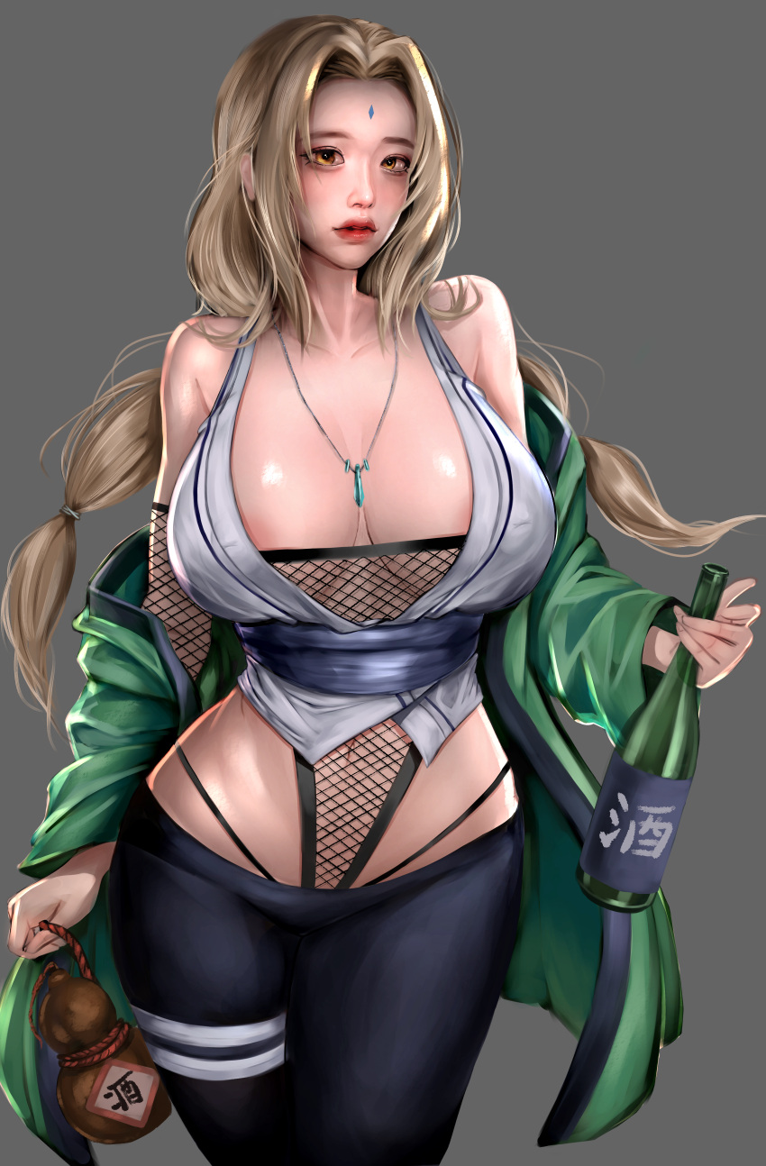 1girls alternate_version_available areolae bare_shoulders big_breasts black_panties black_thong blonde_hair blush brown_eyes cleavage clothed clothed_female clothing crop_top dress female female_only fishnet_armwear fishnet_bodysuit fishnets forehead_jewel forehead_mark fully_clothed g-string haori highres human large_areolae large_breasts light-skinned_female light_skin lipstick lucy_(artist) mature mature_female naruto naruto_(classic) naruto_(series) naruto_shippuden necklace pink_lips pink_lipstick pink_nipples pinup realistic short_dress shounen_jump solo standing thong tight_clothing tight_pants tsunade voluptuous wine_bottle yellow_hair