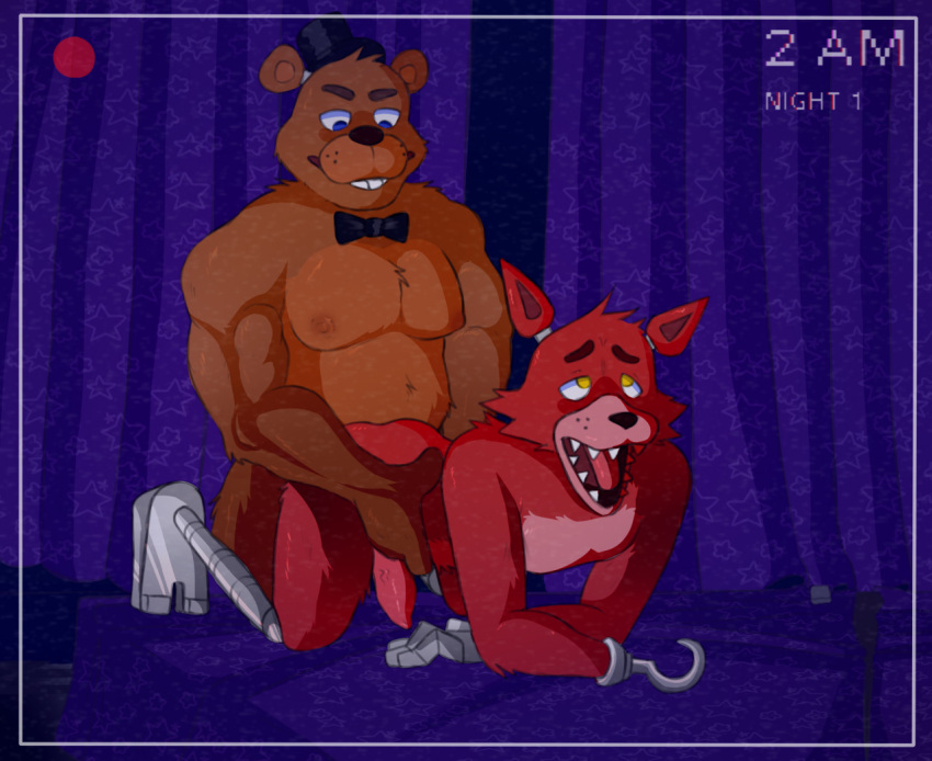 2boys ahe_gao ahegao anal anal_penetration anatomically_correct anatomically_correct_genitalia anatomically_correct_penis animal_genitalia animal_penis animatronic anthro anthro_on_anthro anthro_penetrated anthro_penetrating anthro_penetrating_anthro balls bara blue_eyes bodily_fluids boner bow_tie brown_bear brown_body brown_fur butt camera_view canid canine canine_penis chest_tuft clock clothing cross-eyed doggy_style duo english_text erection five_nights_at_freddy&#039;s fleshformomo fox foxy_(fnaf) freddy_(fnaf) from_behind_position fur gay genitals grizzly_bear hat headgear headwear holding_partner hook hook_hand knot knotted knotting looking_down looking_pleasured machine male male/male male_only male_penetrated male_penetrating male_penetrating_male mammal musclegut muscular muscular_anthro muscular_male nipples nude open_mouth pecs penetration penile penile_penetration penis pirate_cove recording red_body red_fur robot sex sharp_teeth smile static sweat teeth text time tongue top_hat tuft ursid ursine vein veiny_penis video_games whisker_spots yaoi yellow_eyes