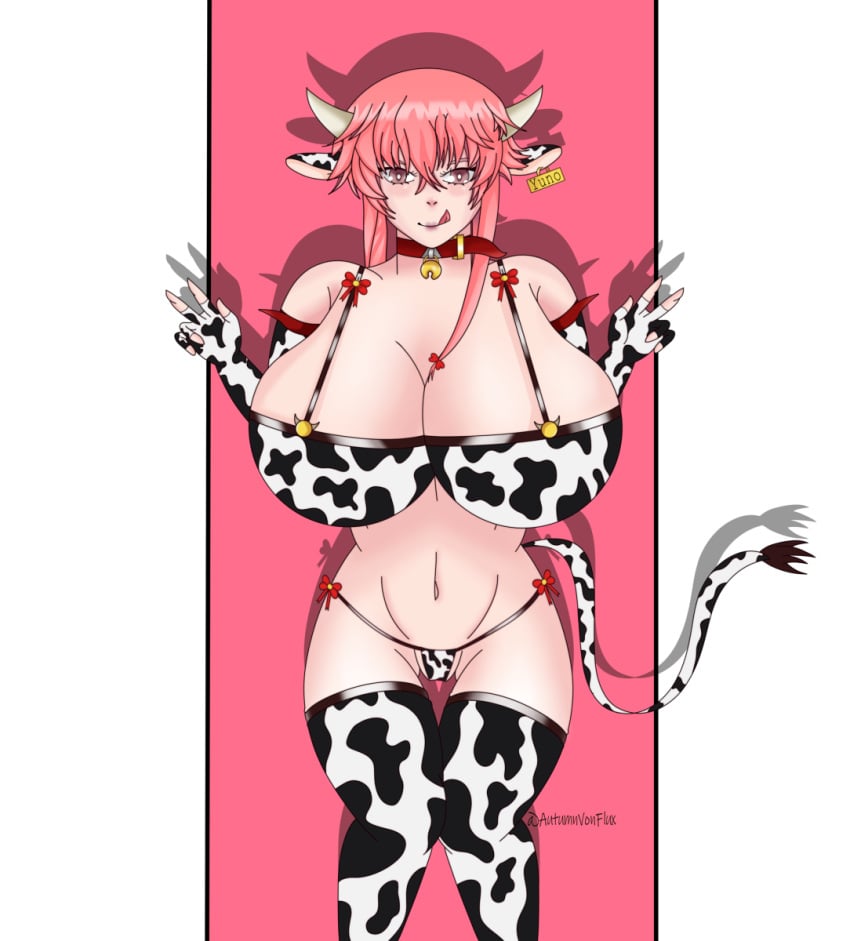 autumnvonflux big_breasts bra breasts collar cow_ears cow_print cow_tail gasai_yuno gloves horn mirai_nikki pink_hair thighhighs