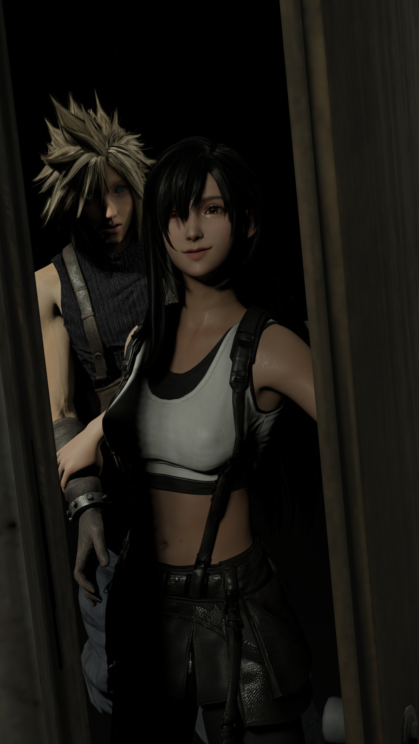 3d apartment blender blender_(software) cloud cloud_strife doorway earrings final_fantasy final_fantasy_vii final_fantasy_vii_remake grabbing light-skinned_female light-skinned_male smile square_enix suspenders tifa_lockhart uhhhthomas