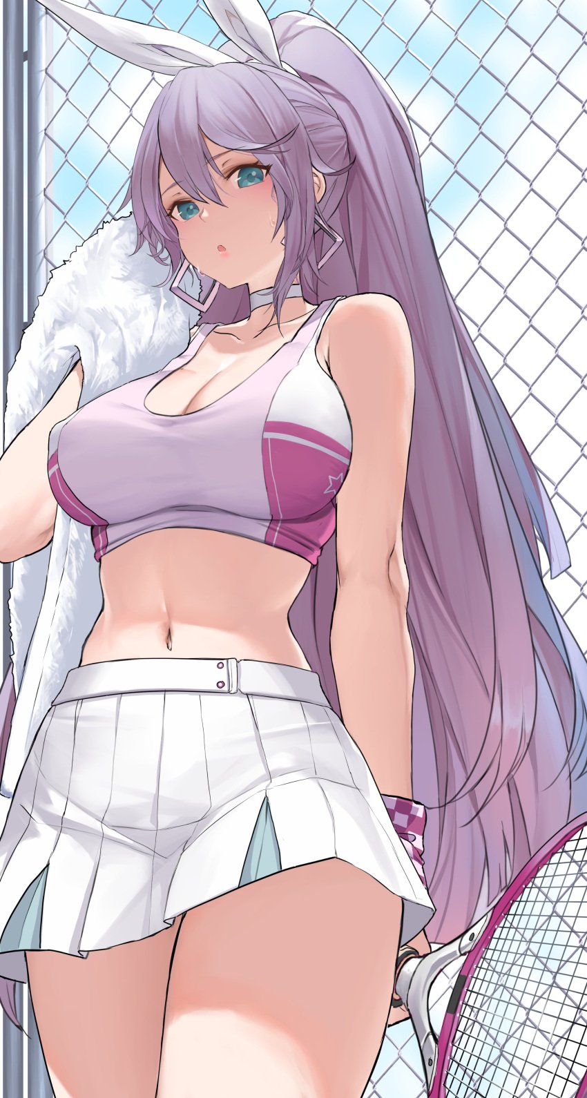 :o against_fence alternative_costume animal_ears anthropomorphization azur_lane bare_shoulders blue_eyes blush bra breasts bremerton_(azur_lane)_(cosplay) bremerton_(scorching-hot_training)_(azur_lane) bunny_ears chain-link_fence clavicle cleavage clothing cosplay dishwasher1910 female fence hair_ornament hair_ribbon high_ponytail high_resolution holding holding_racket holding_towel intrepid_(azur_lane) large_breasts long_hair long_ponytail looking_at_viewer looking_down midriff navel pleated_skirt ponytail purple_hair racket ribbon skirt solo sports_bra sports_uniform sportswear sweat sweatdrop tennis tennis_outfit tennis_racket tied_hair towel underwear uniform very_high_resolution very_long_hair viewed_from_below white_ribbon white_skirt wiping_face