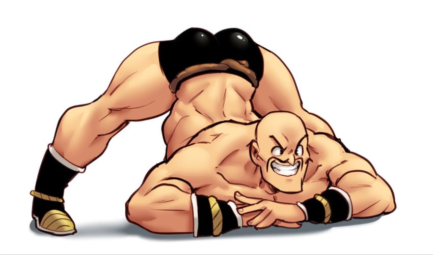 1male all_fours ass bald black_eyes clothed clothing dragon_ball hi_res jack-o_pose looking_at_viewer male male_focus male_only muscular muscular_male mustache nappa nortuet pose revealing_clothes simple_background smile solo solo_male spread_legs white_background