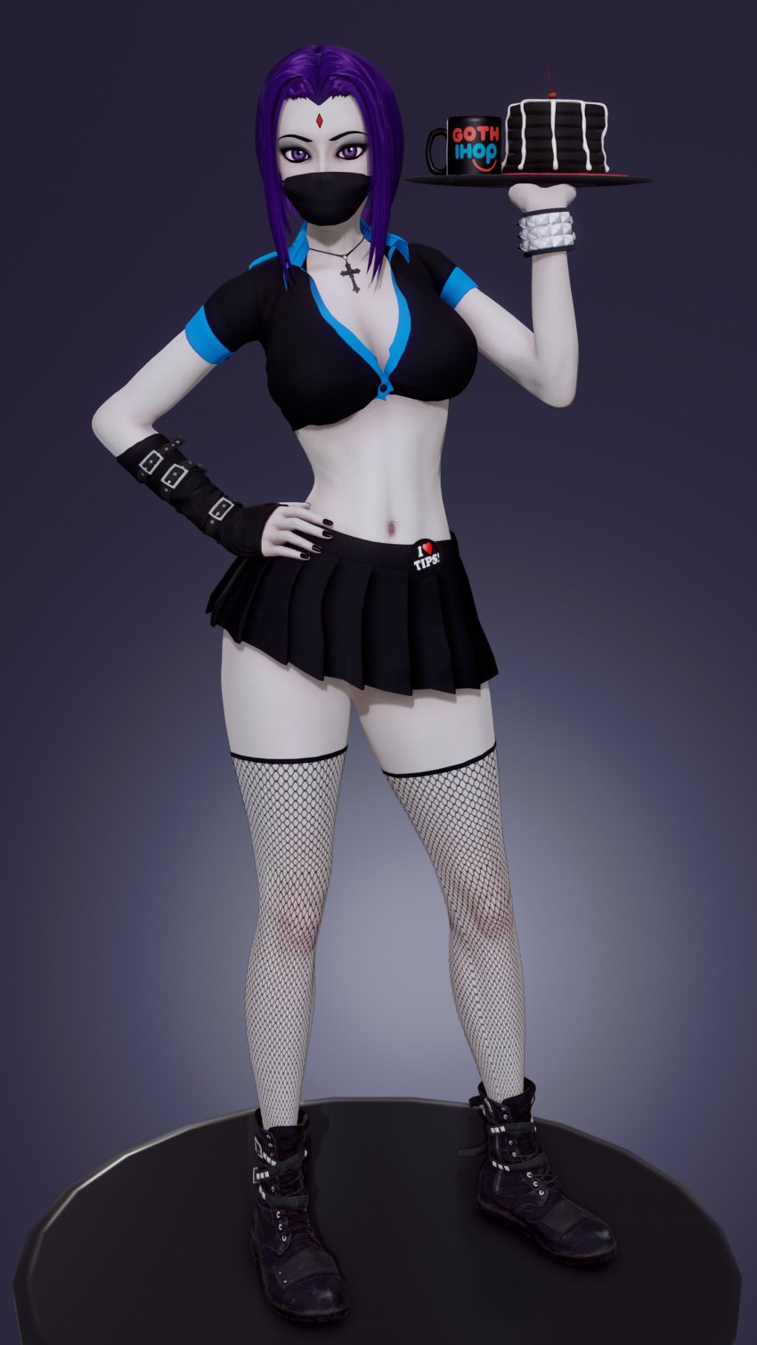 10:17 1girls 3d 3d_(artwork) alternate_version_available areolae black_nails black_shoes black_skirt bob_cut boots breasts cleavage clothed clothing cross cross_necklace crucifix cupcake dc dc_comics eyeshadow female female_only fishnet_stockings fishnets food footwear forehead_jewel goth goth_ihop hand_on_hip heart hi_res highres holding_object holding_tray honey_select ihop illusion_soft jewel_on_forehead long_taglist looking_at_viewer mask masked medium_breasts meish miniskirt mouth_mask mug navel necklace nipple_piercing nipples pancake pierced_nipples purple_eyes purple_eyes_female purple_hair purple_hair_female rachel_roth raven_(dc) shirt short_hair_female short_purple_hair simple_background skirt solo solo_focus spiked_bracelet standing superheroine teen teen_titans waitress waitress_outfit white_sclera white_skin