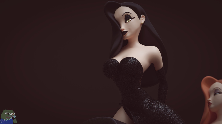 3d black_clothing black_hair black_lipstick clothing clothing_aside disney female frensfm highres jessica_noir jessica_rabbit red_clothing red_hair red_lipstick who_framed_roger_rabbit